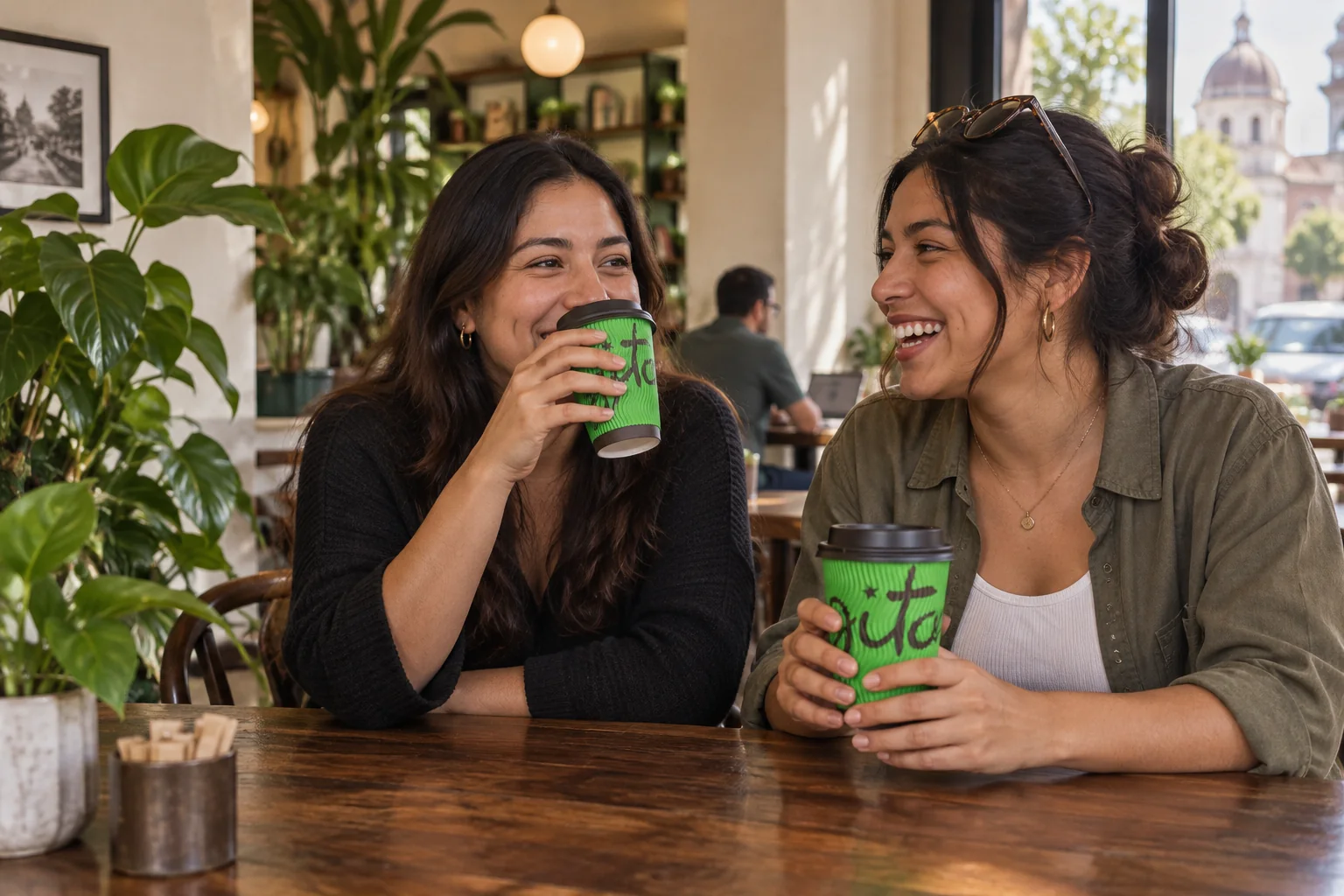 Amigas latinas compartiendo café en un ambiente inspirado en Gitane Guatemala