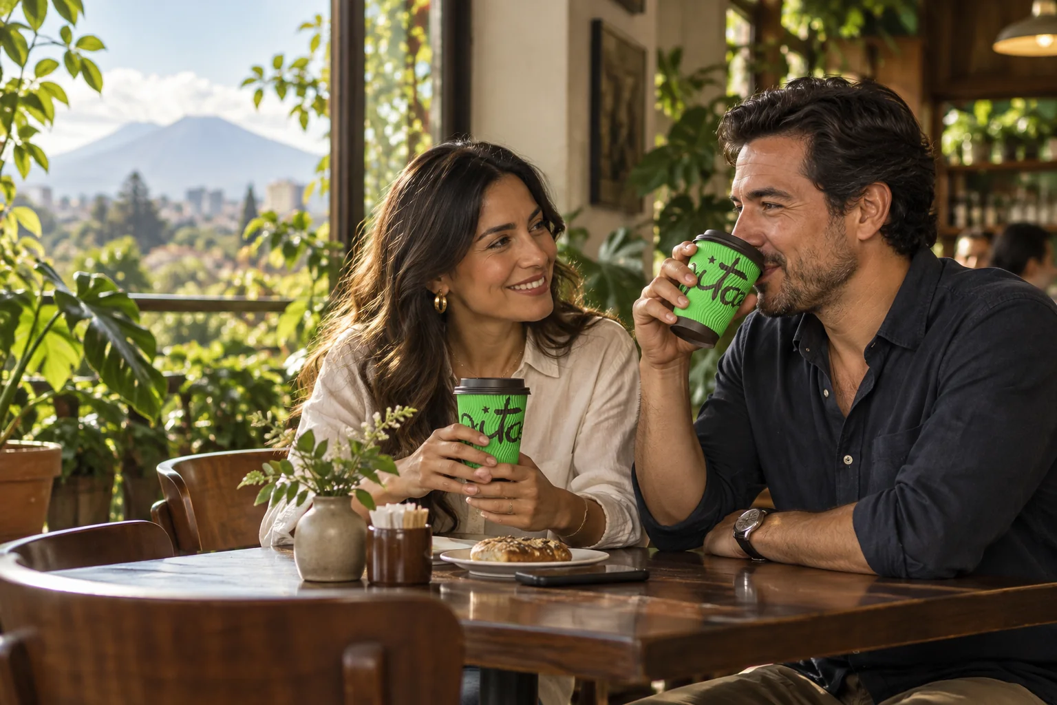 Una pareja latina disfrutando café Gitane en Guatemala